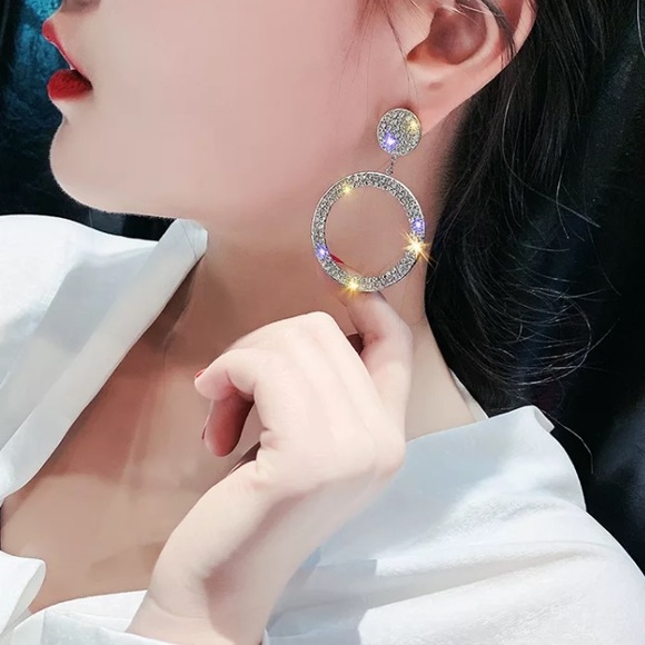 Silver Tone Rhinestone Circle Earrings - Picture 3 of 6